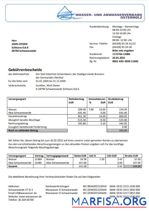 Realistic Germany Wavwasser utility bill example